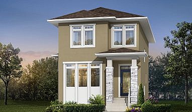 Rendering of a 2-storey laned home with large windows and stone detailing.