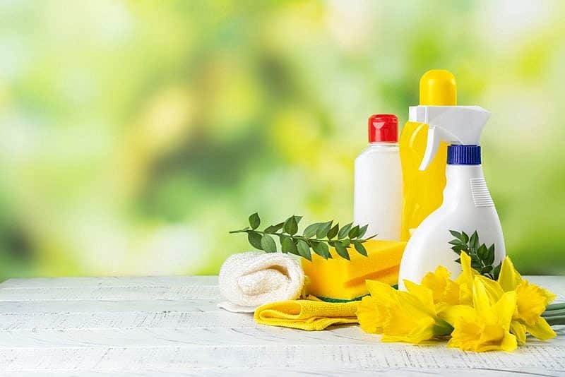 Various cleaning items arranged neatly on a white wood plank floor with green background and decorated with yellow daffodil flowers and green leaves: scrub sponge, microfiber clothes, cleaning solutions, and spray bottle.