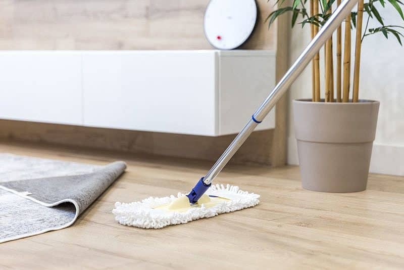 White mop sweeping laminate floors under a grey carpet, with white cabinets and a bamboo plant in a pot in the background.