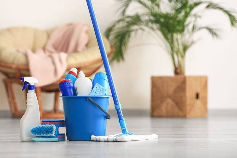 Various floor cleaning items arranged neatly on a vinyl plank floor: mop, bucket, scrub brush, cleaning solutions, and spray bottle