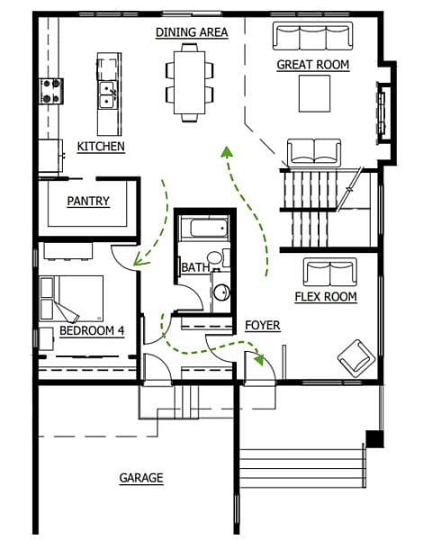 Floor plan of a new house showing the traffic flow between rooms and areas.