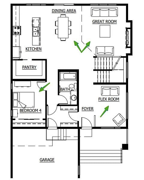 Floor plan of a new home showing space and furniture placement.