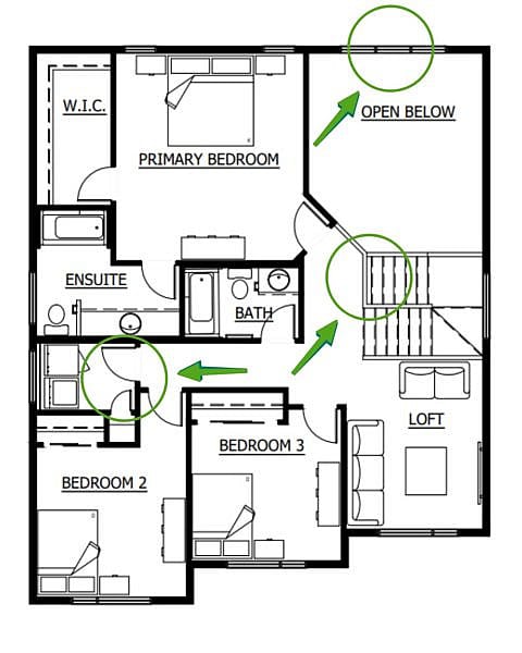 Floor plan of a new house showing openings, walls, doors, windows and stairs.